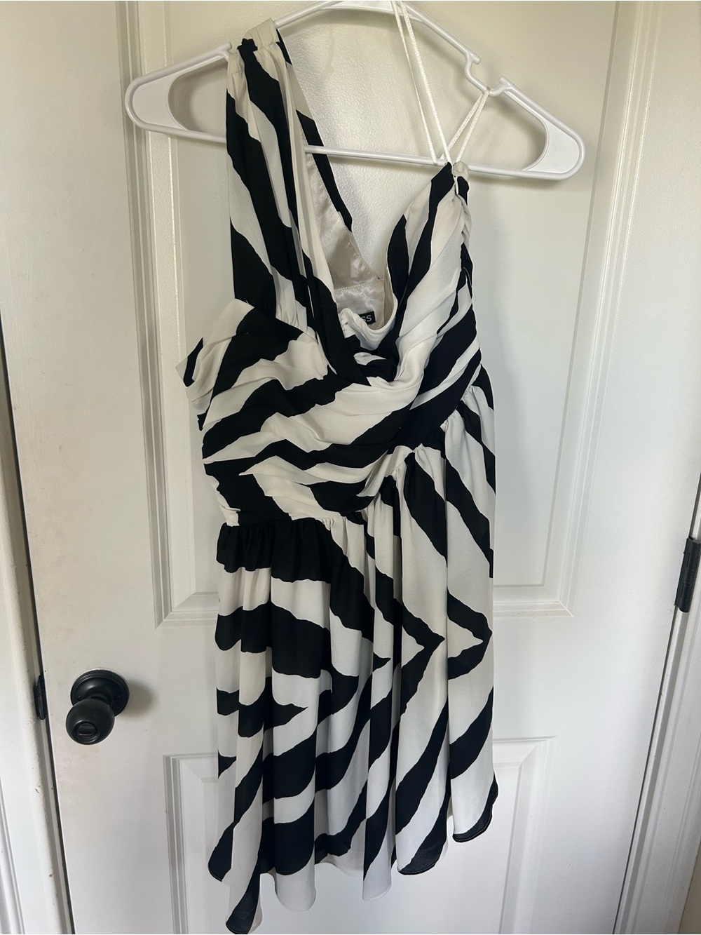 Express One-Shoulder Black & White Zebra Print Dress